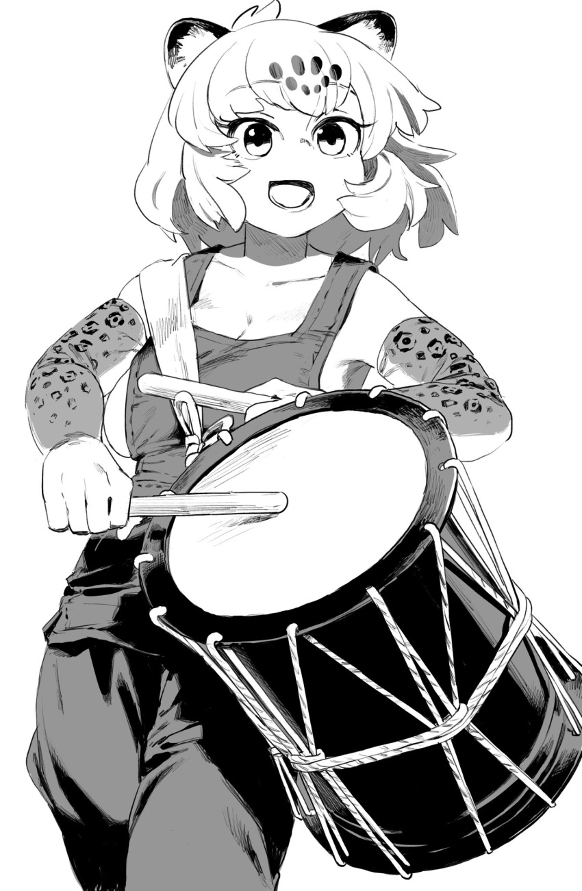 1girl alternate_costume animal_ears animal_print armpits bare_shoulders bell_(hellchan3) breasts cleavage collarbone colored_inner_hair cowboy_shot drum drumsticks elbow_gloves floating_hair gloves greyscale highres holding holding_drumsticks instrument jaguar_(kemono_friends) jaguar_ears jaguar_print kemono_friends looking_to_the_side medium_hair monochrome multicolored_hair music naked_overalls open_mouth overalls playing_instrument print_gloves sideboob simple_background smile solo two-tone_hair walking white_background