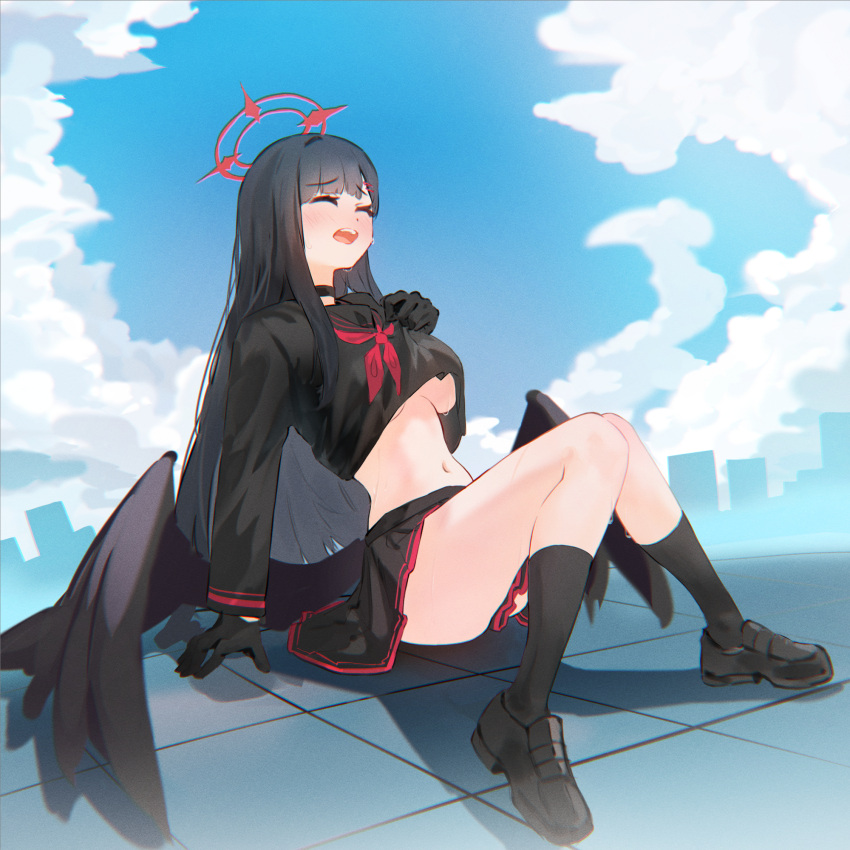 1girl black_choker black_footwear black_hair black_sailor_collar black_serafuku black_skirt black_socks blue_archive blush breasts choker closed_eyes day fishofthelakes full_body hair_ornament hairclip halo highres ichika_(blue_archive) long_hair long_sleeves medium_breasts neckerchief open_mouth outdoors pleated_skirt red_halo red_neckerchief sailor_collar school_uniform serafuku shoes skirt socks solo