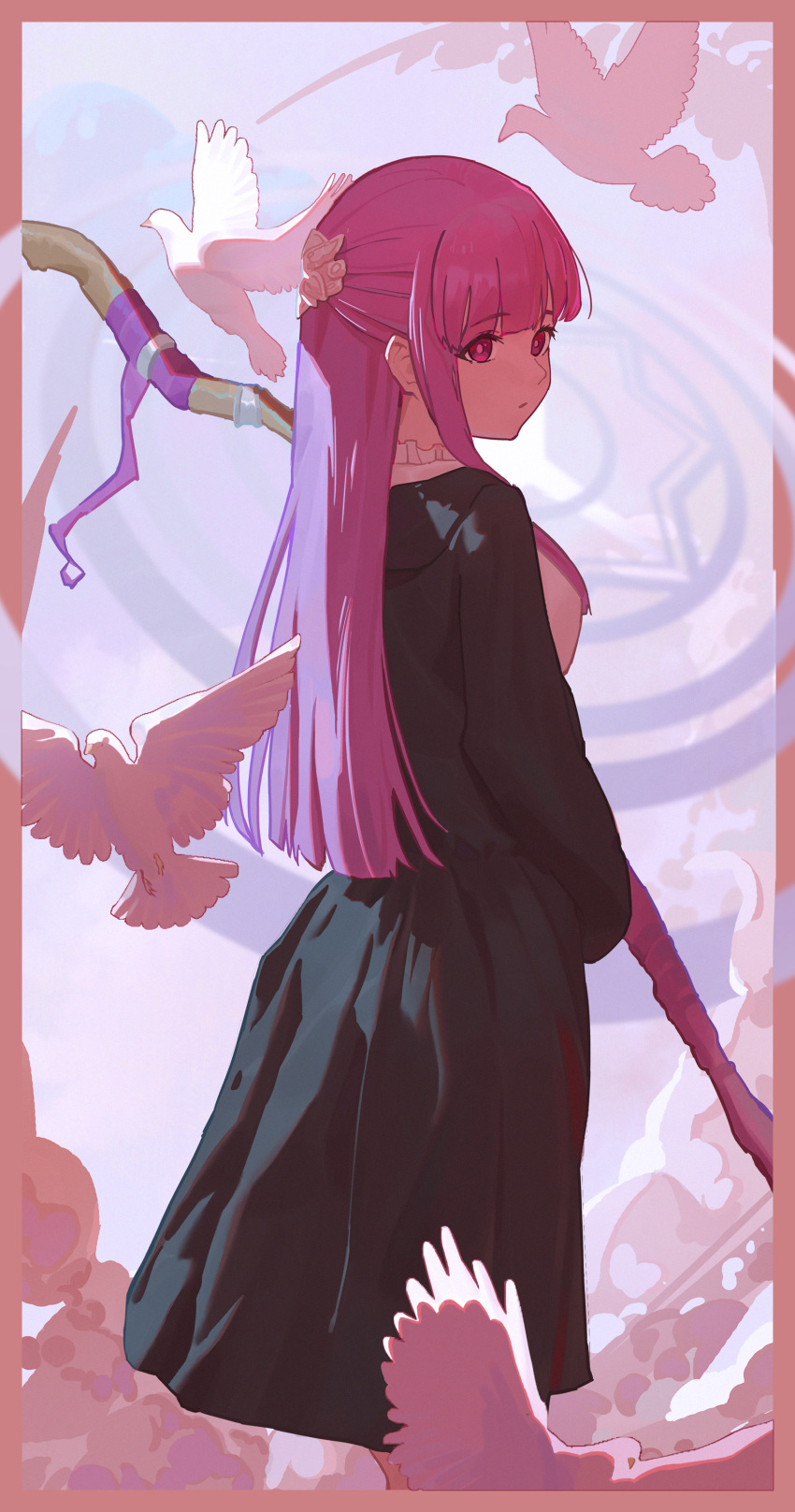 1girl absurdres animal bird black_robe blunt_bangs border commentary_request dove expressionless fern_(sousou_no_frieren) hair_ornament hair_over_shoulder highres holding holding_staff long_hair looking_at_viewer looking_back mage_staff mujiangzhi purple_eyes purple_hair purple_pupils robe solo sousou_no_frieren staff standing