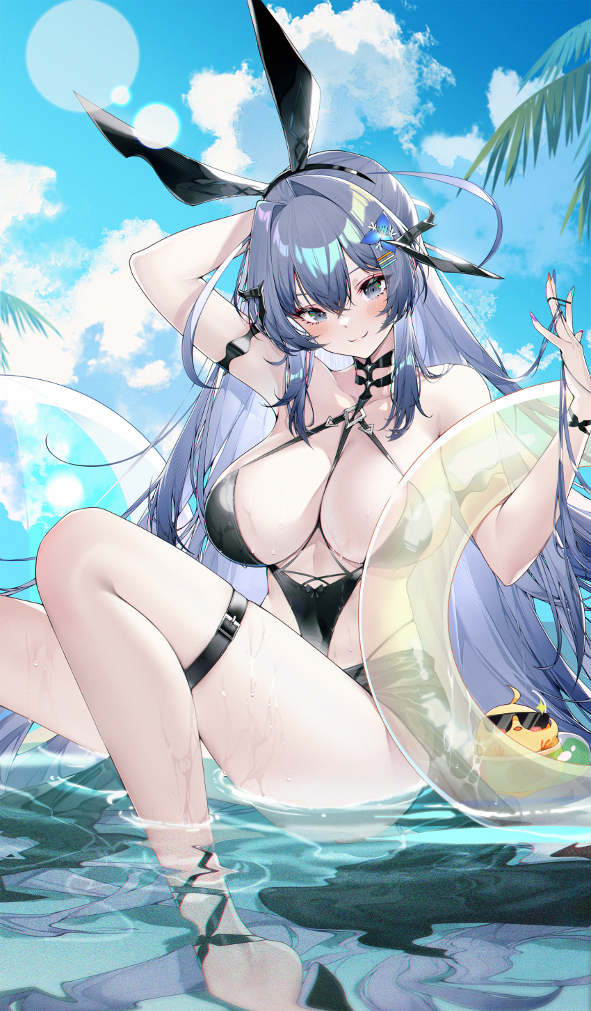 absurdres animal_ears azur_lane ball bare_shoulders beachball bikini bikini_under_clothes black_bikini black_hairband black_shorts blue_flower blue_hair blue_sky blush breasts calder cleavage closed_mouth cloud cloudy_sky collarbone crossed_bangs day fake_animal_ears flower foot_out_of_frame grey_eyes hair_between_eyes hair_flower hair_ornament hairband hairclip highleg highleg_bikini highres holding holding_innertube innertube knee_up large_breasts lens_flare long_hair looking_at_viewer manjuu_(azur_lane) multicolored_nails new_jersey_(azur_lane) outdoors partially_submerged purple_nails rabbit_ears red_nails short_shorts shorts sidelocks sitting sky smile swimsuit thigh_strap thighs transparent tree wet yellow_innertube