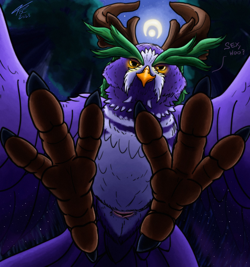 2023 4_toes absurd_res ambiguous_gender animal_genitalia anisodactyl antlers avian avian_feet barefoot beak bird blizzard_entertainment claws cloaca digital_media_(artwork) druid elf english_text eyebrows feathered_wings feathers feet female_(lore) feral flying fol foot_focus genitals glowing glowing_eyes green_eyebrows half-closed_eyes hi_res horn humanoid lunarwing magic_user narrowed_eyes night night_elf outside owl plant purple_body purple_feathers shape_shifter sky smile solo talons text toe_claws toes tree tribal_spellcaster warcraft white_body white_feathers wings yellow_eyes