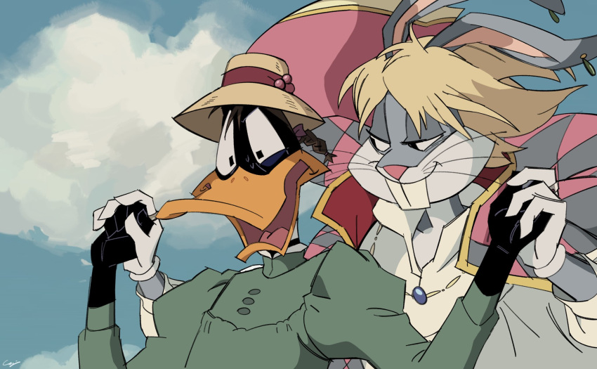 anatid anseriform avian bird blonde_hair bugs_bunny clothing cloudy_sky daffy_duck duck duo hair hat headgear headwear hi_res howl's_moving_castle howl_(hmc) lagomorph leporid looney_tunes lumise05 male male/male mammal parody rabbit sophie_hatter warner_brothers