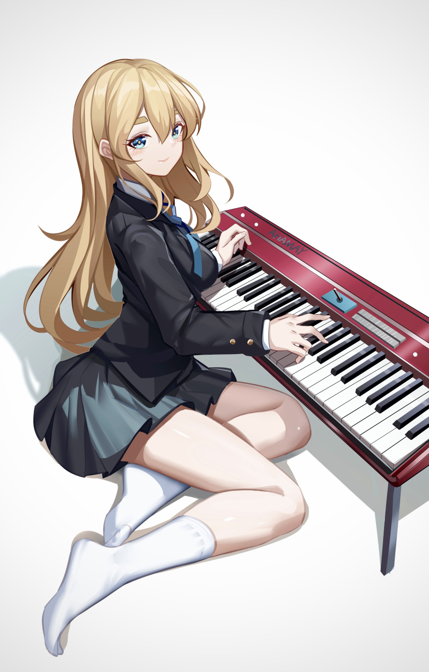 1girl absurdres black_jacket blazer blonde_hair blue_eyes blue_ribbon closed_mouth commentary_request full_body grey_skirt hair_between_eyes highres instrument jacket k-on! keyboard_(instrument) kneehighs kotobuki_tsumugi long_hair long_sleeves looking_at_viewer luai neck_ribbon pleated_skirt ribbon sakuragaoka_high_school_uniform school_uniform shadow sidelocks simple_background sitting skirt smile socks solo white_background white_socks winter_uniform