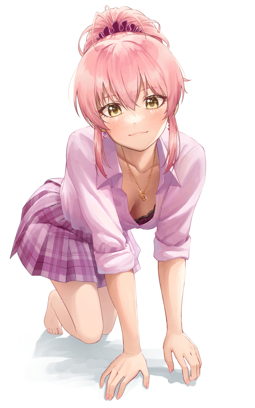 1girl all_fours barefoot bra breasts cleavage closed_mouth collarbone collared_shirt downblouse dress_shirt high_ponytail highres idolmaster idolmaster_cinderella_girls jewelry jougasaki_mika leaning_forward long_hair looking_at_viewer medium_breasts necklace pink_hair plaid plaid_skirt pleated_skirt purple_bra purple_skirt shirt simple_background skirt solo tsunenorip underwear white_background white_shirt yellow_eyes