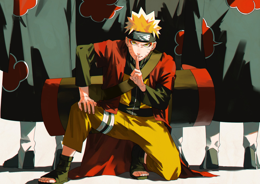 5boys black_footwear black_headband blonde_hair character_request facial_mark hand_on_own_knee head_out_of_frame headband highres jacket kuji-in looking_at_viewer male_focus mirin_(coene65) multiple_boys naruto_(series) on_one_knee pants rectangular_pupils short_hair toeless_footwear uzumaki_naruto whisker_markings white_background yellow_eyes yellow_jacket yellow_pants