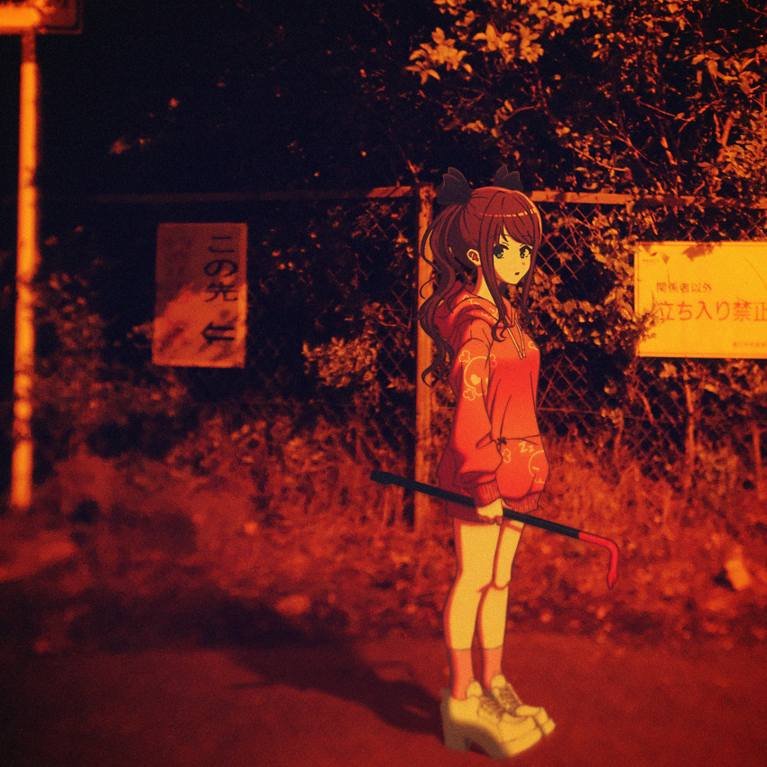 1girl akabane_youko black_bow blurry bow brown_hair commentary depth_of_field expressionless film_grain foliage from_side green_eyes hair_bow high_heel_sneakers highres holding_crowbar hood hood_down hoodie long_hair looking_at_viewer looking_to_the_side multiple_hair_bows nijisanji nkymyura no_pants orange_theme outdoors photo_background platform_footwear red_hoodie road_sign sidelocks sign solo standing sunset swept_bangs translation_request twilight twintails virtual_youtuber wavy_hair