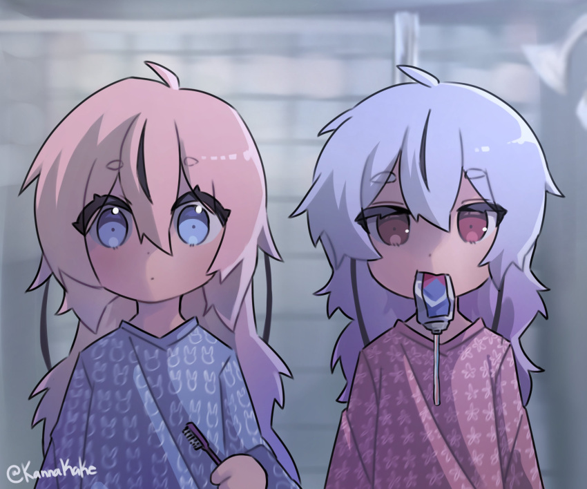 2girls absurdres ahoge alternate_costume bathroom black_hair blue_eyes blue_hair blue_pajamas blurry blurry_background commentary dot_mouth english_commentary expressionless floral_print gradient_hair hair_down hand_up highres hikimayu holding holding_toothbrush indoors kannakake long_hair long_sleeves looking_at_viewer meika_hime meika_mikoto mouth_hold multicolored_hair multiple_girls pajamas pink_hair pink_pajamas print_pajamas purple_eyes raised_eyebrows shower_head siblings side-by-side sisters straight-on streaked_hair tile_wall tiles toothbrush toothpaste twitter_username upper_body vocaloid you're_doing_it_wrong
