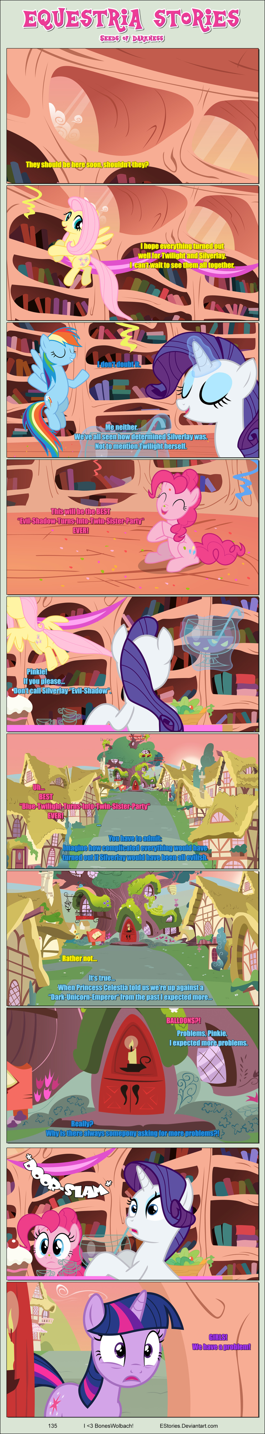 absurd_res bangs black_border book bookshelf border building cutie_mark dialogue door earth_pony equid equine estories eyes_closed female feral fluttershy_(mlp) flying friendship_is_magic furniture group hasbro hi_res horn horse inside long_image mammal my_little_pony outside pegasus pinkie_pie_(mlp) pony ponyville rainbow_dash_(mlp) rarity_(mlp) smile tall_image twilight_sparkle_(mlp) unicorn window wings