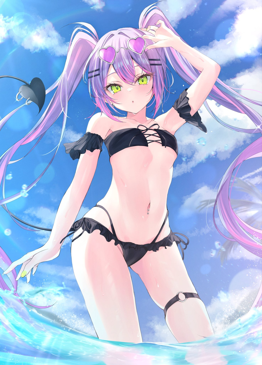 1girl arm_up armband bikini black_bikini breasts cross-laced_bikini cross-laced_clothes demon_tail eyewear_on_head frilled_armband frilled_bikini frills green_eyes hair_ornament hairclip heart heart-shaped_eyewear highleg highleg_bikini highres hololive in_water long_hair looking_at_viewer midriff multicolored_hair navel open_mouth outdoors piercing pink_hair purple_hair ririge sky small_breasts solo streaked_hair sunglasses swimsuit tail tokoyami_towa twintails virtual_youtuber