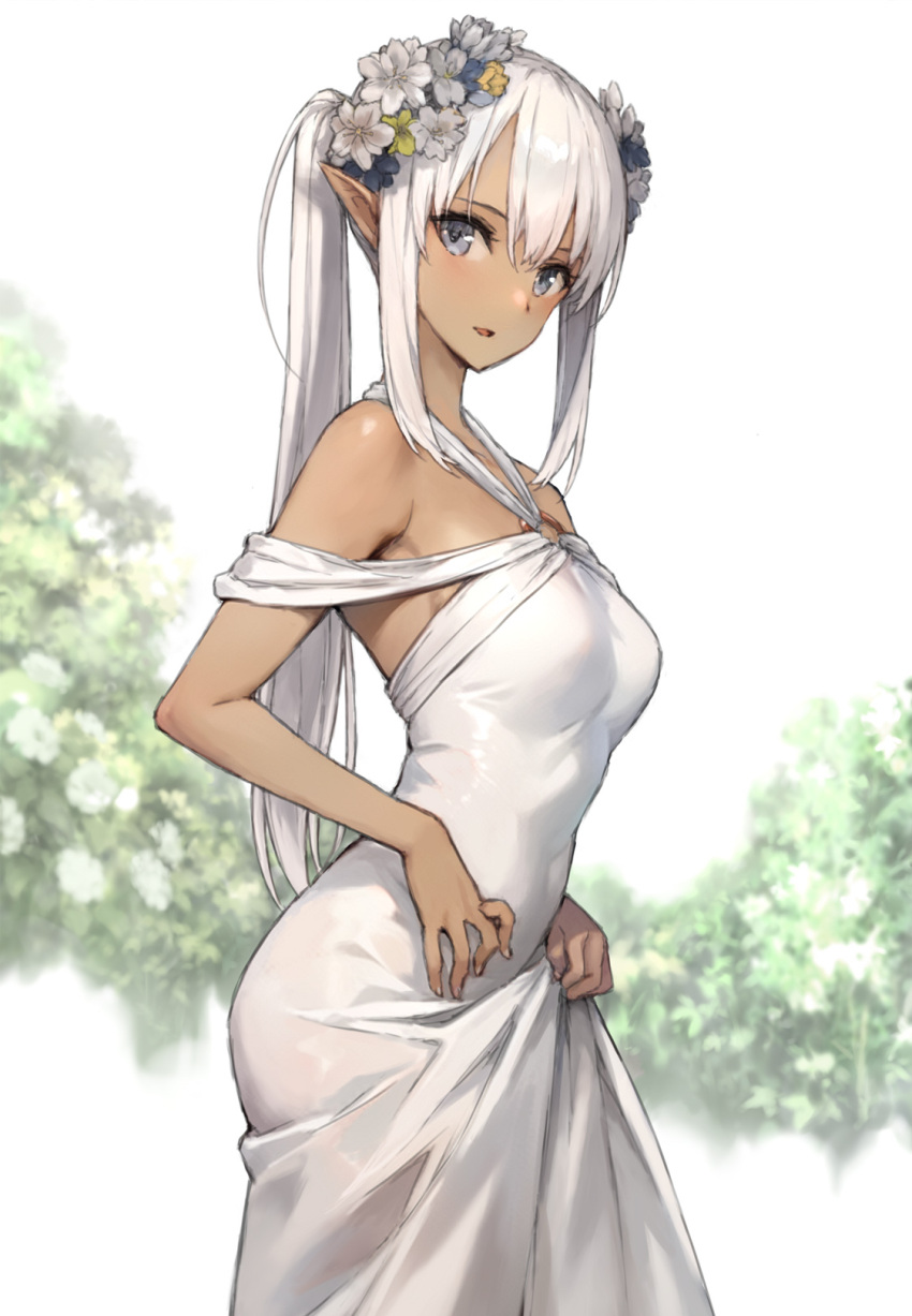 1girl bare_shoulders breasts covered_navel dark-skinned_female dark_skin dress elf flower grey_eyes hair_between_eyes hair_flower hair_ornament highres long_hair looking_at_viewer medium_breasts morisawa_haruyuki o-ring_dress open_mouth original outdoors pointy_ears ponytail sidelocks sleeveless sleeveless_dress solo tan tree white_dress white_hair