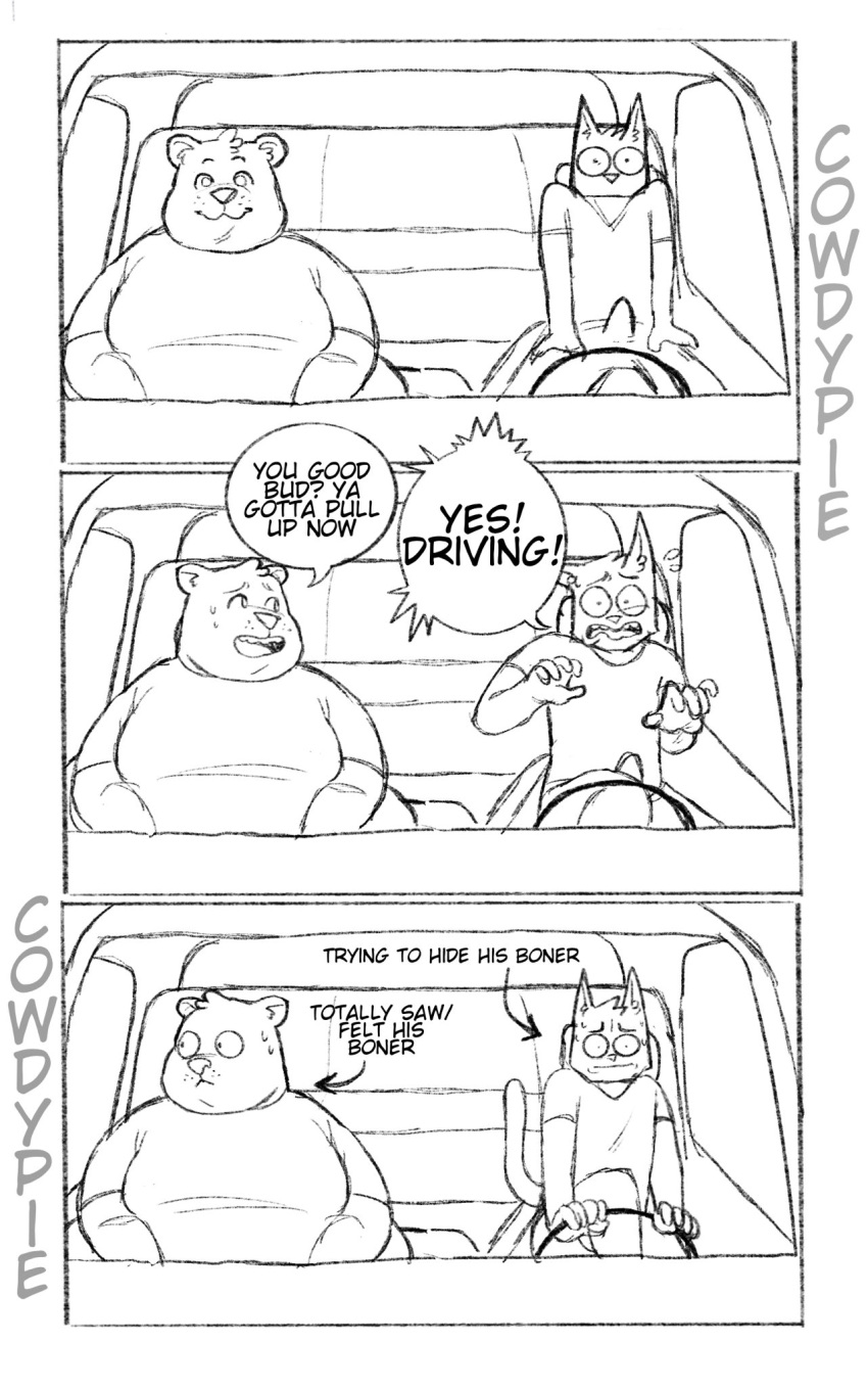 anthro bear belly big_belly bodily_fluids car clothed clothing cowdypie domestic_cat drive-thru duo embarrassed erection erection_under_clothing felid feline felis hi_res hiding_erection honk klaus_(cowdypie) male mammal obese obese_anthro obese_male open_mouth ordering_food overweight overweight_anthro overweight_male remi_(cowdypie) smile sweat sweatdrop vehicle
