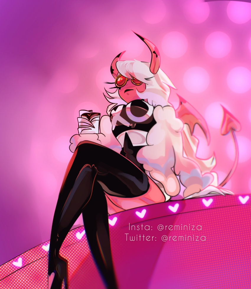 1girl boots colored_skin demon_girl demon_horns demon_tail demon_wings dress drink elbow_gloves glasses gloves heart heart_on_cheek helluva_boss highres holding holding_drink horns knee_boots long_hair multicolored_clothes multicolored_dress pink-tinted_eyewear pink_skin puffy_sleeves reminiza sitting stage stage_lights star_(symbol) tail tinted_eyewear verosika_mayday white_gloves white_hair wings