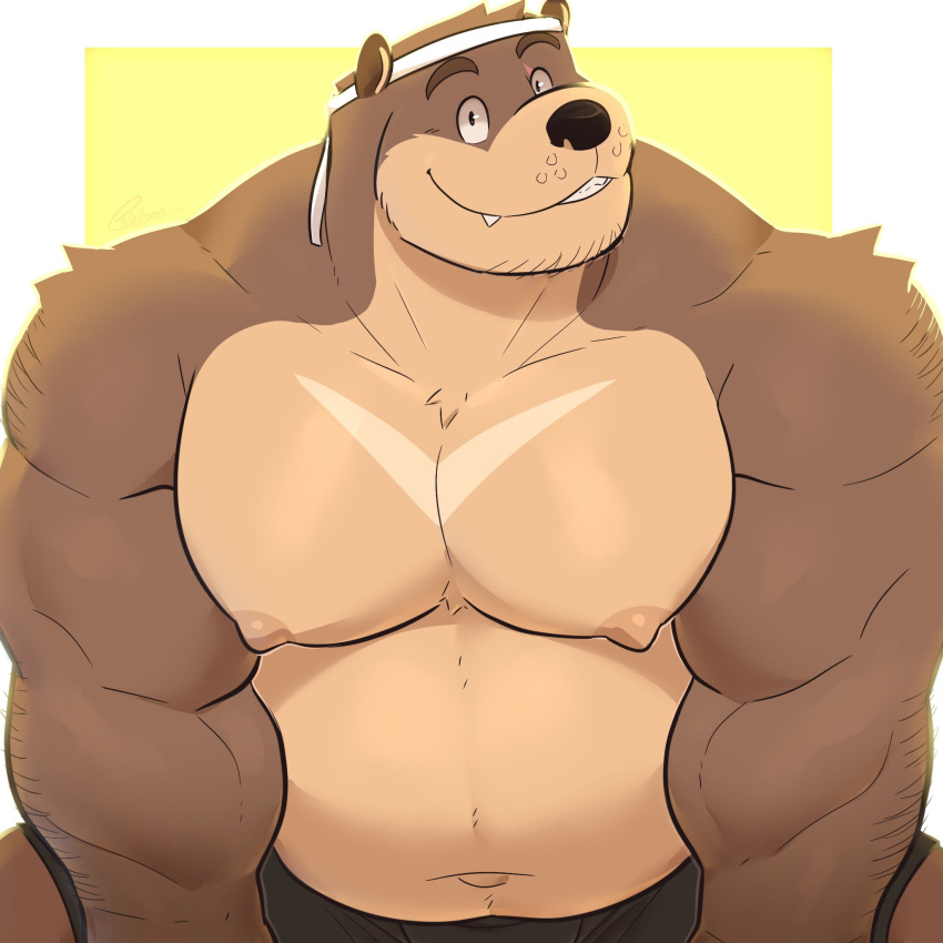 1:1 2023 accessory anthro bear bear_(same22shark) belly big_pecs bottomwear brown_body brown_fur clothed clothing erect_nipples eye_scar facial_hair facial_scar front_view fur half-length_portrait headband hi_res icon looking_at_viewer male mammal moobs musclegut muscular muscular_male nipples pecs portrait same22shark scar shorts smile snaggle_tooth solo topless