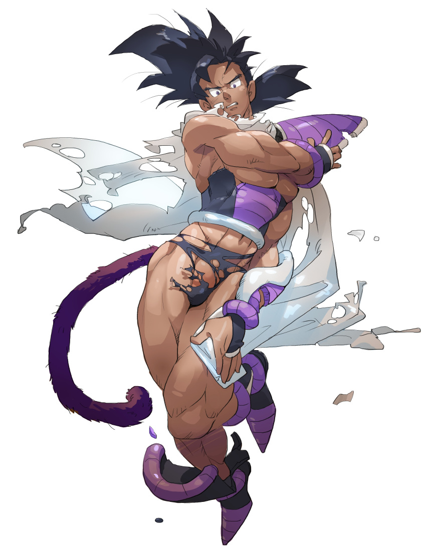 1boy abs absurdres armor bara black_hair bodysuit broken_armor bulge cape clenched_teeth covering covering_chest dark-skinned_male dark_skin dragon_ball frown full_body highres large_pectorals long_hair male_focus midriff_peek monkey_tail muscular muscular_male navel pectorals solo spiked_hair stomach supobi tail teeth thick_thighs thighs torn_bodysuit torn_cape torn_clothes tullece underpec white_background