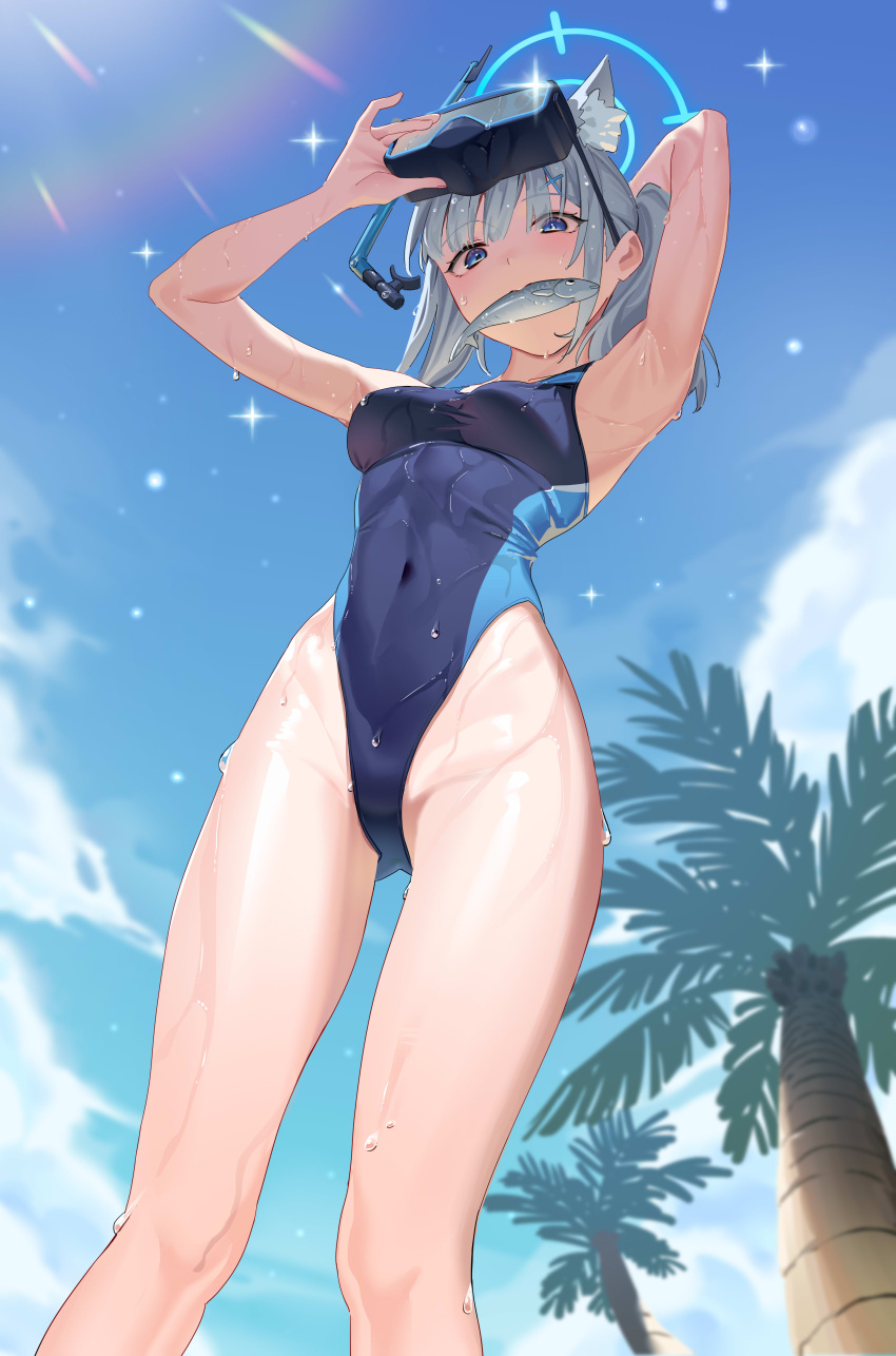 1girl absurdres animal_ear_fluff animal_ears black_one-piece_swimsuit blue_archive blue_eyes blue_sky breasts cloud competition_swimsuit covered_navel cross_hair_ornament day doufu_(pixiv9093484) extra_ears feet_out_of_frame fish from_below grey_hair hair_ornament halo highleg highleg_swimsuit highres looking_at_viewer low_ponytail medium_breasts medium_hair mismatched_pupils mouth_hold multicolored_clothes multicolored_swimsuit official_alternate_costume one-piece_swimsuit outdoors palm_tree shiroko_(blue_archive) shiroko_(swimsuit)_(blue_archive) sky snorkel solo standing swimsuit tree wet wet_clothes wet_swimsuit wolf_ears