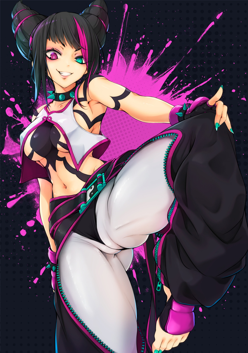 .sin 1girl absurdres baggy_pants black_hair bracelet breasts collar crop_top fingerless_gloves gloves green_eyes grin hair_horns han_juri heterochromia highres jewelry looking_at_viewer medium_breasts multicolored_hair nail_polish panties_over_leggings pants pink_eyes pink_hair smile solo spiked_bracelet spiked_collar spikes street_fighter street_fighter_6 toeless_legwear toenail_polish toenails wedgie