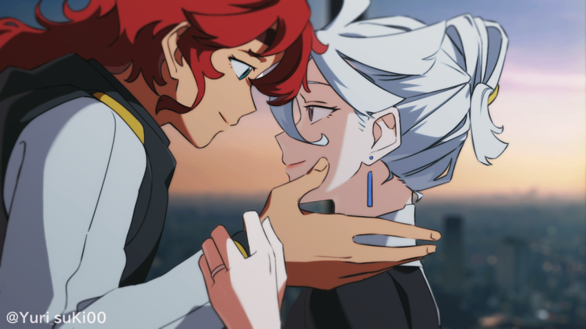 aged_up blue_eyes closed_mouth commentary_request earrings eye_contact from_side grey_hair gundam gundam_suisei_no_majo hand_on_another's_face jacket jewelry long_hair long_sleeves looking_at_another miorine_rembran pink_lips profile red_hair ring short_hair suletta_mercury updo upper_body yurisuki00
