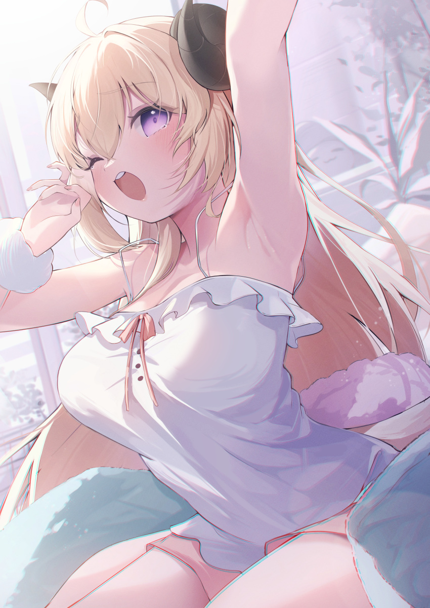 1girl absurdres ahoge animal_ears armpits blonde_hair blush breasts cleavage dress eat_some_cookie hair_between_eyes hair_ornament highres hololive horns large_breasts long_hair one_eye_closed open_mouth purple_eyes sheep_ears sheep_girl sheep_horns solo teeth tsunomaki_watame upper_teeth_only virtual_youtuber white_dress