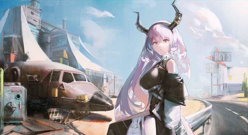 1girl absurdres aircraft arknights bare_shoulders black_dress black_horns blue_sky boboyo breasts chinese_commentary closed_mouth cloud commentary_request cowboy_shot dress facing_viewer highres horns house large_breasts long_hair long_sleeves looking_afar orange_eyes outdoors purple_hair road sky solo standing typhon_(arknights) very_long_hair