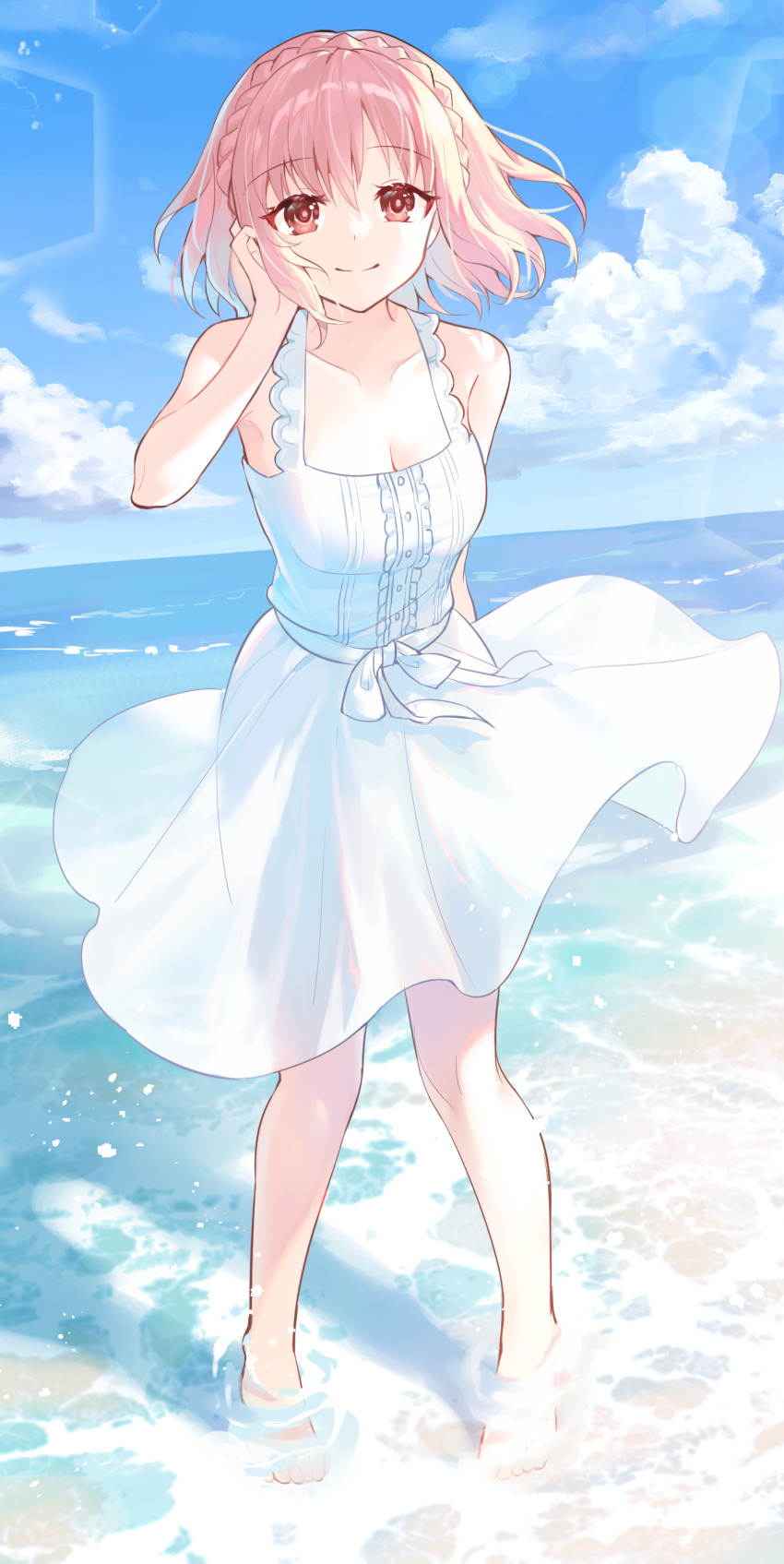 1girl absurdres akitsuki_(oenothera) beach braid breasts cloud commission crown_braid date_a_live dress highres looking_at_viewer medium_breasts pink_eyes pink_hair pixiv_commission short_hair smile sonogami_rinne sundress water white_dress