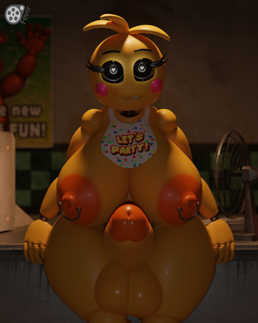 &lt;3 &lt;3_eyes 2023 3d_(artwork) 4:5 absurd_res animatronic anthro areola avian balls beakless bib big_breasts big_penis bird blush blush_stickers breasts chicken digital_media_(artwork) english_text feversfm fingers five_nights_at_freddy's five_nights_at_freddy's_2 galliform gallus_(genus) genitals gynomorph hi_res intersex looking_at_viewer lovetaste_chica machine navel nipple_piercing nipple_ring nipples nude orange_areola orange_nipples penis phasianid piercing ring_piercing robot runaboo_chica scottgames solo text toy_chica_(fnaf) yellow_body