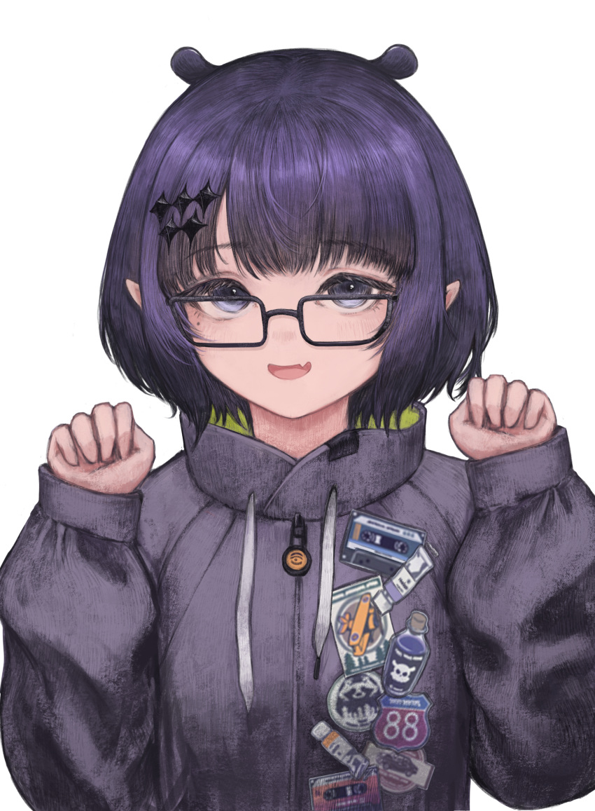 1girl :d absurdres badge black-framed_eyewear blunt_bangs blush button_badge commentary_request coqc drawstring eyelashes fang glasses grey_jacket hair_ornament hands_up highres hololive hololive_english jacket long_sleeves looking_at_viewer mole mole_under_eye ninomae_ina'nis ninomae_ina'nis_(5th_costume) official_alternate_costume open_mouth parted_lips pointy_ears puffy_long_sleeves puffy_sleeves purple_eyes purple_hair rectangular_eyewear short_hair sidelocks simple_background skin_fang sleeves_past_wrists smile solo upper_body virtual_youtuber white_background zipper zipper_pull_tab