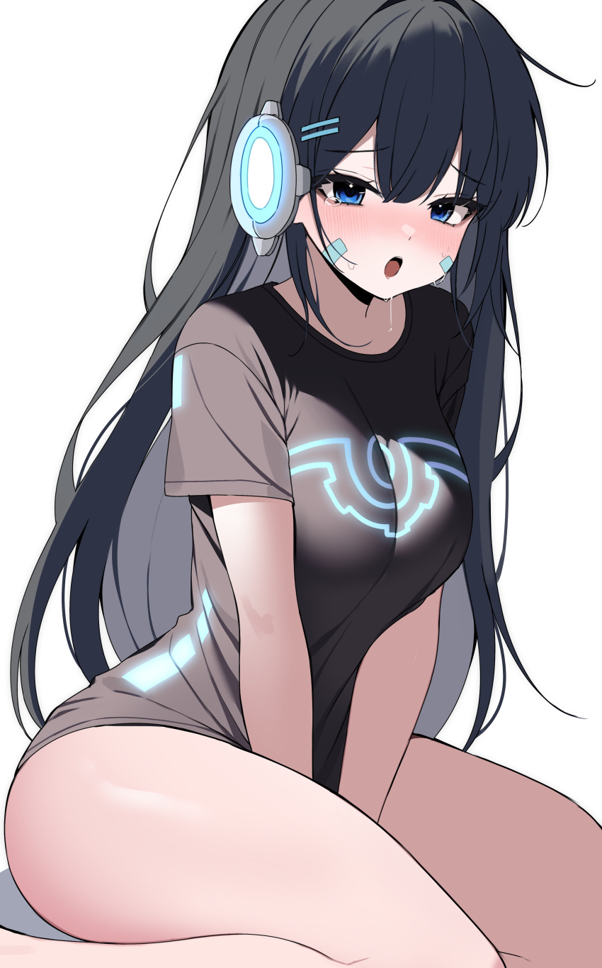 1girl :o absurdres arms_between_legs black_hair black_shirt blue_eyes blush bottomless breasts chimyo commentary_request drooling headphones highres korean_commentary large_breasts long_hair looking_at_viewer maplestory open_mouth saliva shirt short_sleeves simple_background sitting solo t-shirt tearing_up wariza white_background xenon_(maplestory)