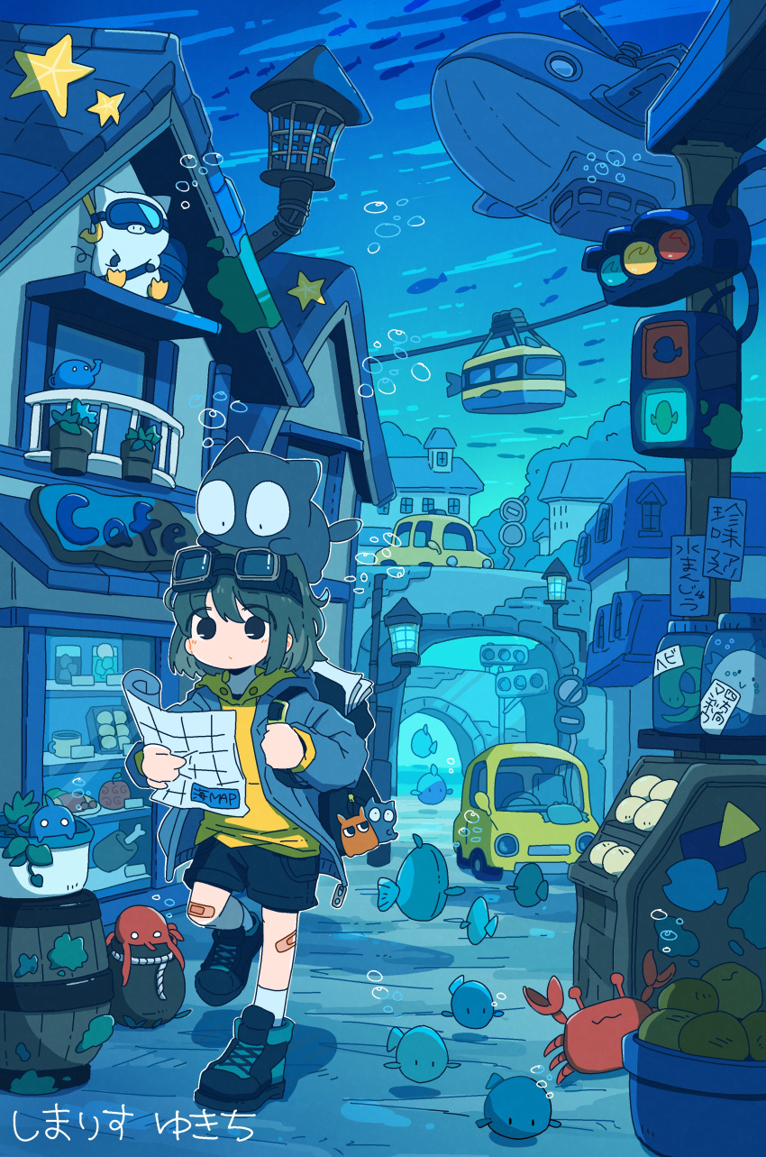 1girl absurdres air_bubble backpack bag bandaid bandaid_on_knee bandaid_on_leg blue_hair blue_jacket blush_stickers bridge bubble car crab goggles goggles_on_head highres house jacket motor_vehicle original plant potted_plant scenery shirt short_hair sign snorkel solo starfish traffic_light underwater whale yellow_shirt yukichi_nya