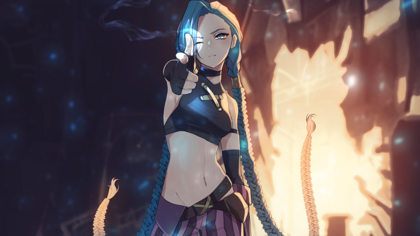 1girl absurdly_long_hair absurdres aiming aiming_at_viewer alternate_breast_size arcane:_league_of_legends arcane_jinx bad_source black_choker blue_eyes blue_hair braid breasts choker contrapposto crop_top finger_gun groin highres jinx_(league_of_legends) league_of_legends long_hair low_twin_braids medium_breasts navel pouch solo twin_braids very_long_hair yen-mi