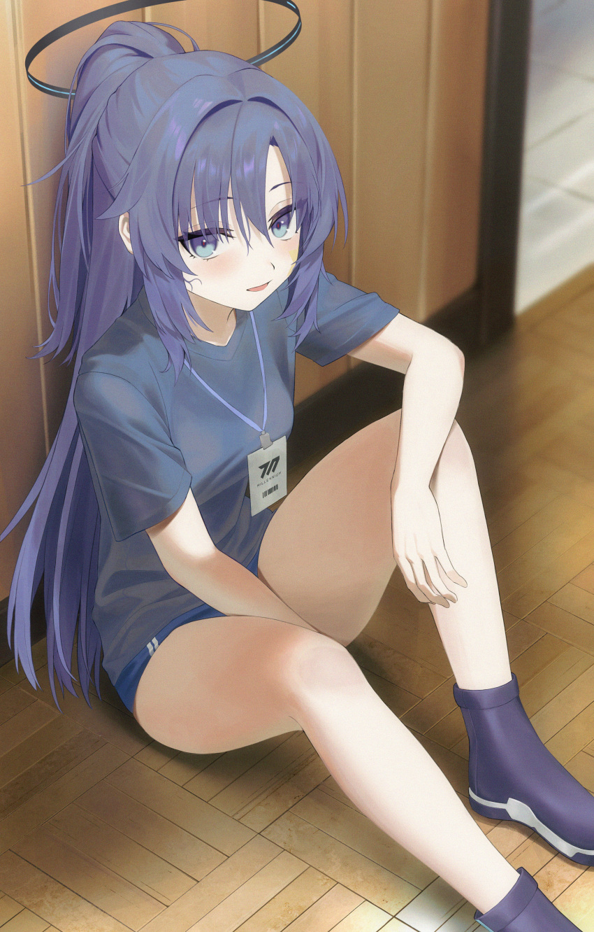 1girl absurdres blue_archive blue_buruma blue_eyes blue_footwear blue_hair blue_shirt blurry blush breasts buruma commentary_request depth_of_field foot_out_of_frame gym_uniform halo highres id_card knees_up long_hair looking_at_viewer mechanical_halo medium_breasts mr-shin official_alternate_costume open_mouth ponytail shirt short_sleeves sitting smile solo thighs yuuka_(blue_archive) yuuka_(track)_(blue_archive)