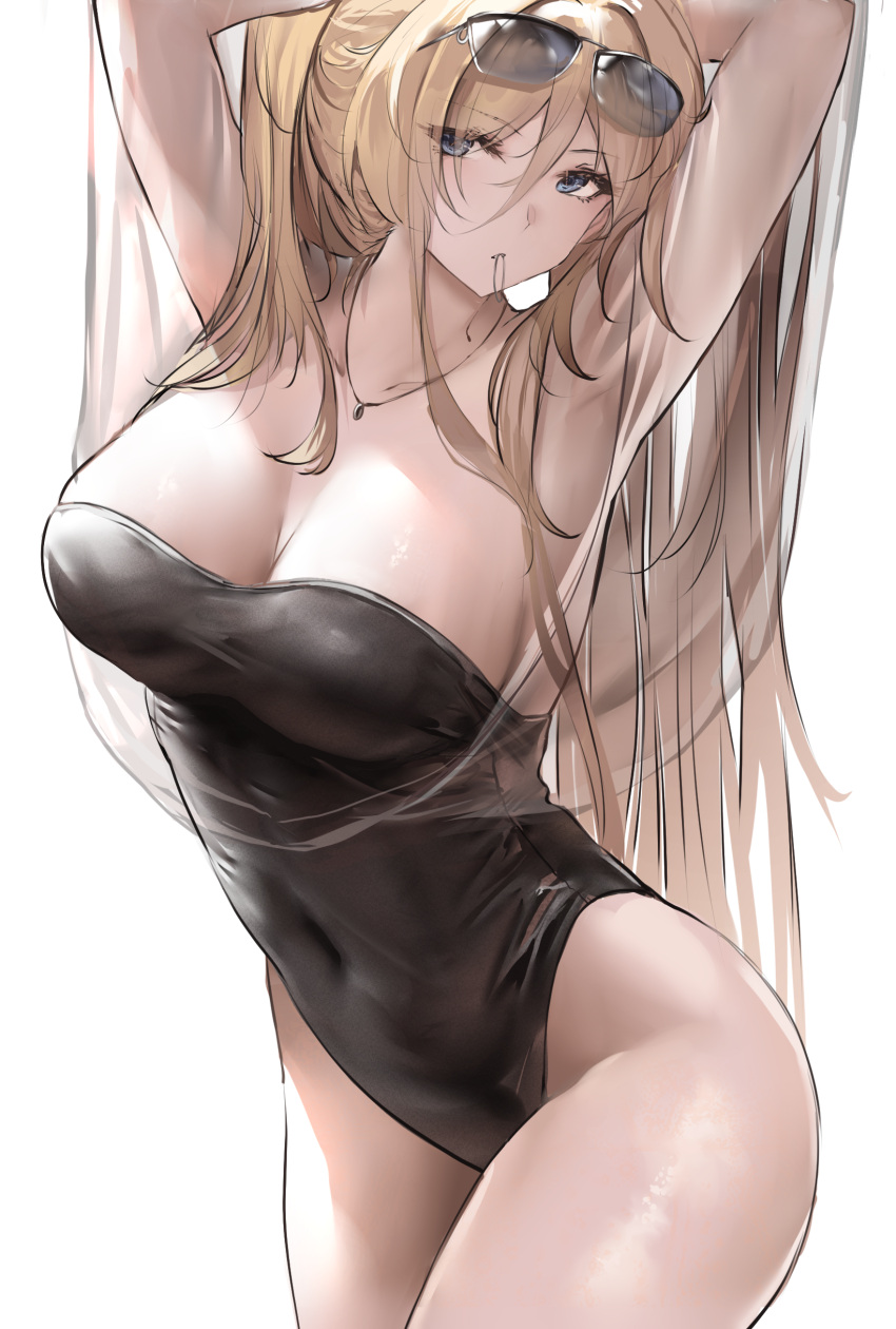 1girl absurdres armpits arms_up azur_lane bismarck_(azur_lane) black_one-piece_swimsuit blonde_hair blue_eyes breasts cleavage commentary contrapposto covered_navel cowboy_shot english_commentary eyewear_on_head hair_tie_in_mouth hands_in_hair highres jewelry large_breasts liaowen long_hair looking_to_the_side mouth_hold necklace one-piece_swimsuit simple_background solo strapless strapless_one-piece_swimsuit strapless_swimsuit sunglasses swimsuit thighs tying_hair white_background