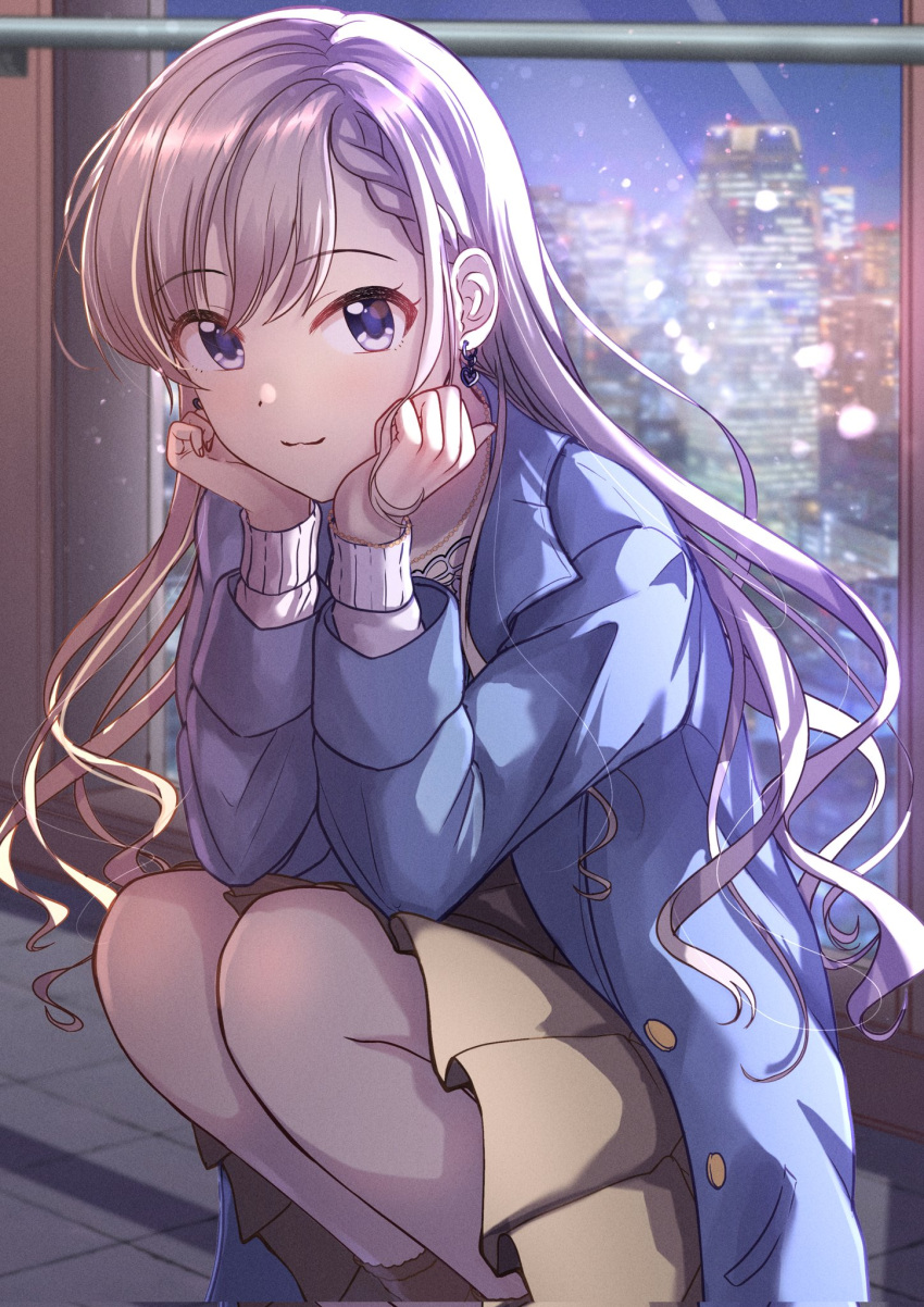 1girl :3 blue_coat blue_eyes blush bracelet braid braided_bangs breasts brown_skirt brown_socks citrusmikan cityscape closed_mouth coat dot_nose earrings elbows_on_knees grey_hair head_rest highres hisakawa_hayate idolmaster idolmaster_cinderella_girls idolmaster_cinderella_girls_starlight_stage jewelry long_hair long_sleeves looking_at_viewer necklace night open_clothes open_coat pavement skirt smile socks solo squatting sweater very_long_hair white_sweater window