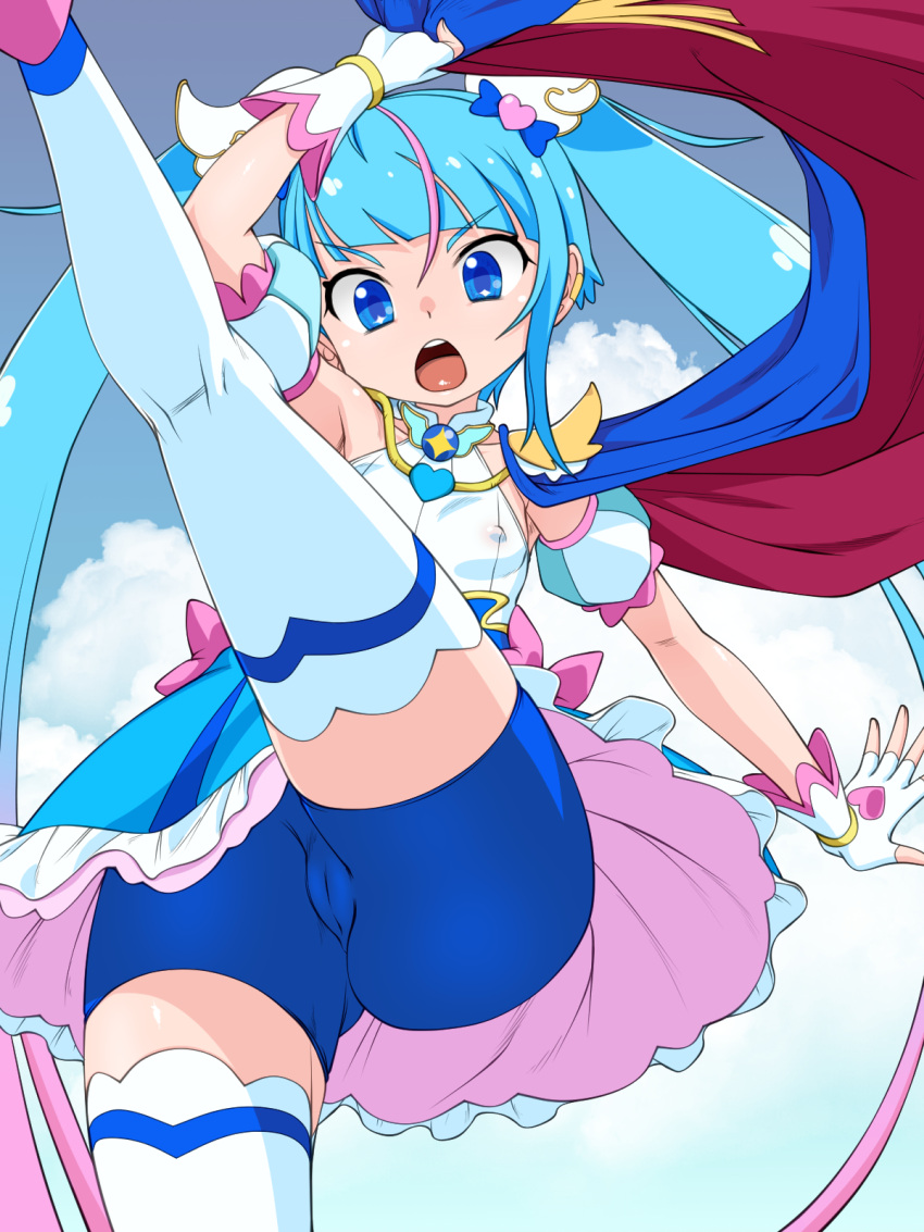 1girl bike_shorts blue_cape blue_eyes blue_hair blue_shorts breasts cameltoe cape covered_nipples cure_sky dress fingerless_gloves gloves hair_ornament heart heart_hair_ornament high_kick highres hirogaru_sky!_precure kicking leg_up long_hair looking_at_viewer multicolored_hair nurugamer-kouyouju open_mouth pink_hair precure red_cape shorts small_breasts solo sora_harewataru streaked_hair teeth thighhighs twintails two-sided_cape two-sided_fabric upper_teeth_only white_dress white_gloves white_thighhighs