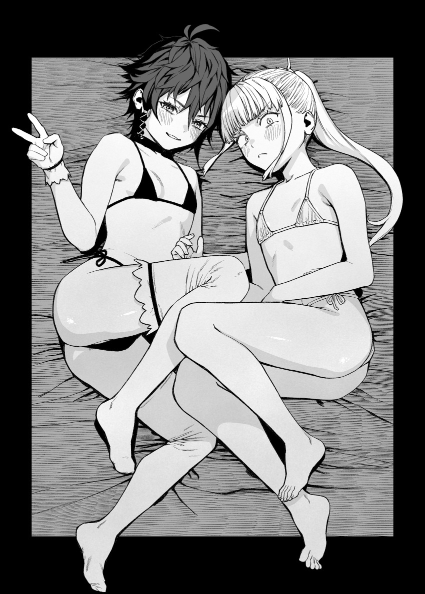 2girls absurdres ahoge bare_shoulders barefoot bikini blunt_bangs blush choker closed_mouth commentary_request embarrassed feet flat_chest gloves greyscale hair_between_eyes highres long_hair looking_at_viewer lulu_(pastime774) lying micro_bikini monochrome multiple_girls on_side original pastime774 ponytail short_hair side-tie_bikini_bottom smile swimsuit thighhighs toes v