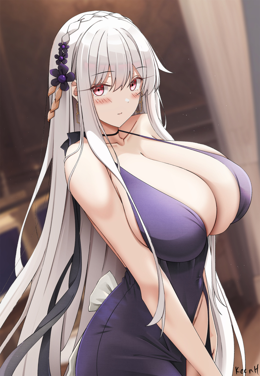 1girl artist_name bare_arms bare_shoulders blue_dress blush breasts cleavage collarbone commentary_request dress earrings girls'_frontline hair_ornament highres jewelry kar98k_(girls'_frontline) keenh large_breasts long_hair looking_at_viewer red_eyes smile solo white_hair