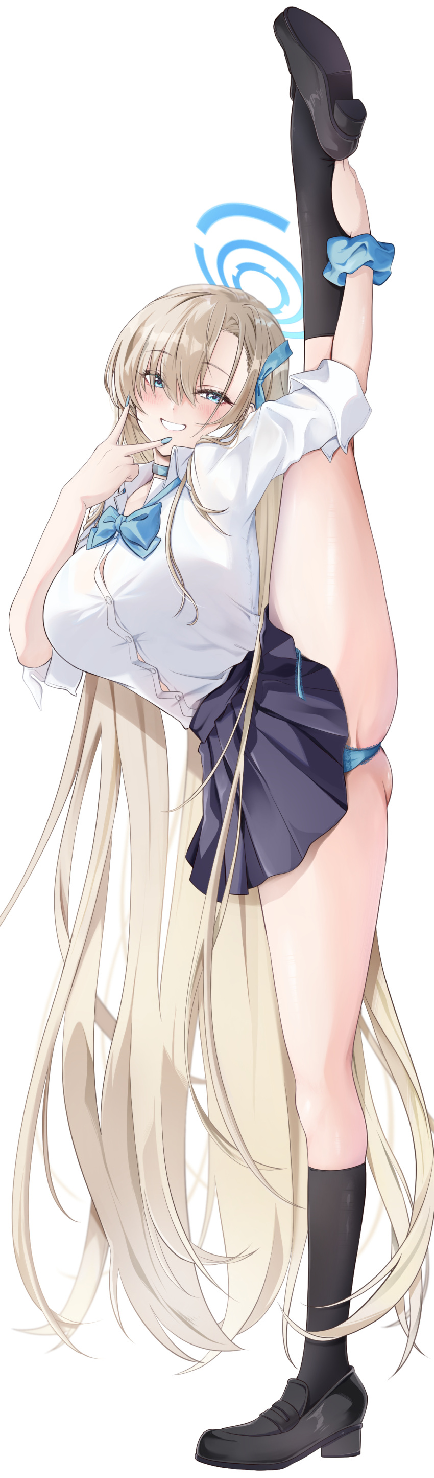1girl absurdres asuna_(blue_archive) black_footwear black_socks blonde_hair blue_archive blue_bow blue_bowtie blue_eyes blue_halo blue_panties blue_ribbon blue_scrunchie blush bow bowtie breasts collared_shirt full_body hair_ornament hair_ribbon halo highres kneehighs large_breasts long_hair looking_at_viewer panties parted_lips ribbon scrunchie shirt shirt_tucked_in simple_background smile socks solo split standing standing_on_one_leg standing_split teeth thighs underwear v white_background white_shirt wrist_scrunchie yoru0409