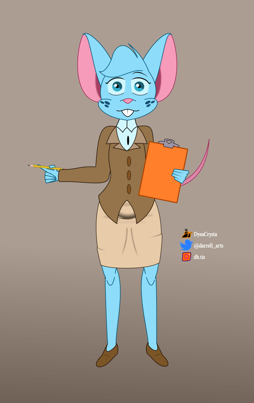 2023 absurd_res anthro biped blue_body blue_eyes blue_fur blue_hair bottomwear brown_clothing brown_topwear brown_vest buckteeth clipboard clothed clothed_anthro clothed_female clothing colored darrell's_den digital_drawing_(artwork) digital_media_(artwork) female female_anthro freckles fur hair hi_res holding_clipboard holding_object holding_pencil mammal mia_mouse mouse mouse_ears mouse_tail murid murine pencil_(object) pencil_skirt pink_inner_ear pink_nose pink_tail rodent skirt solo tail tan_bottomwear tan_clothing tan_skirt teeth topwear vest