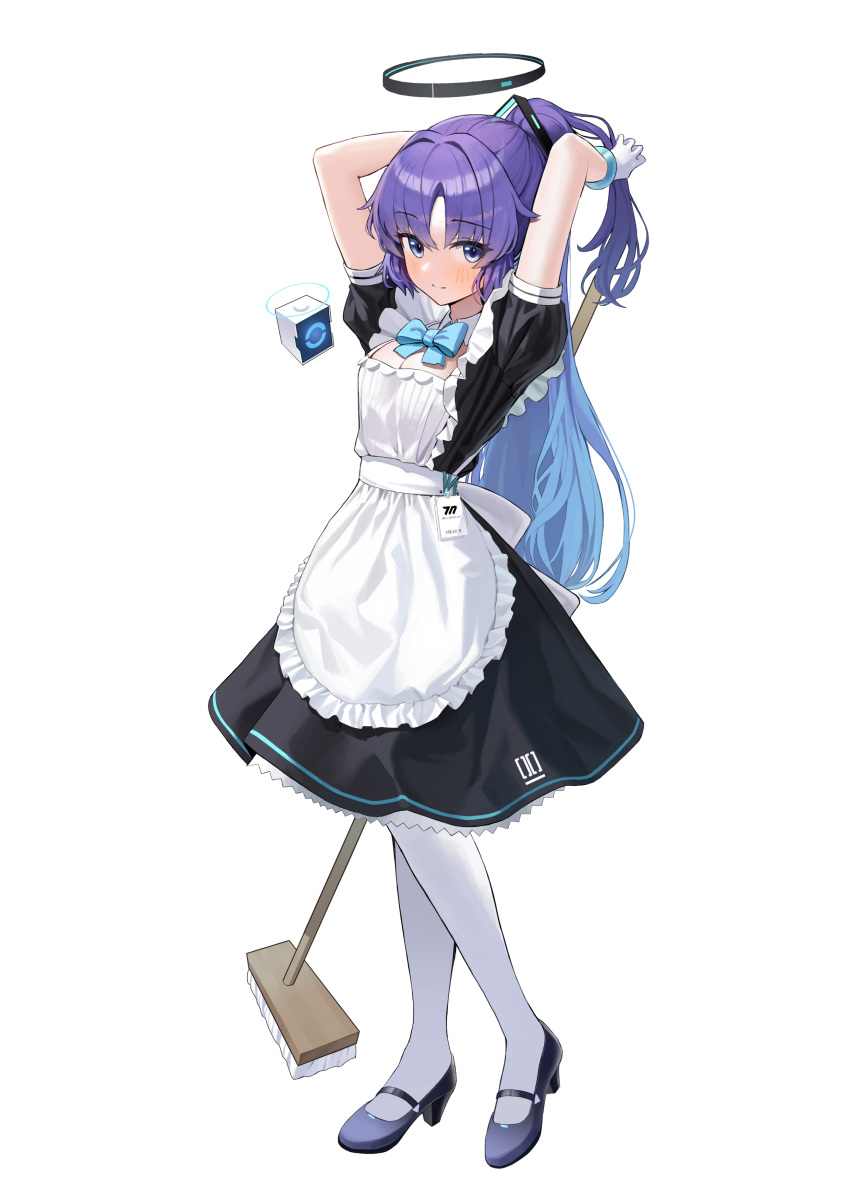 1girl absurdres adjusting_hair alternate_costume apron black_dress blue_archive blush dress drone enmaided frilled_apron frills full_body gloves half_updo halo highres long_hair looking_at_viewer maid maid_apron mop pantyhose petticoat ponytail simple_background smile solo very_long_hair white_apron white_background white_gloves white_pantyhose yarn_(yarn_03) yuuka_(blue_archive)