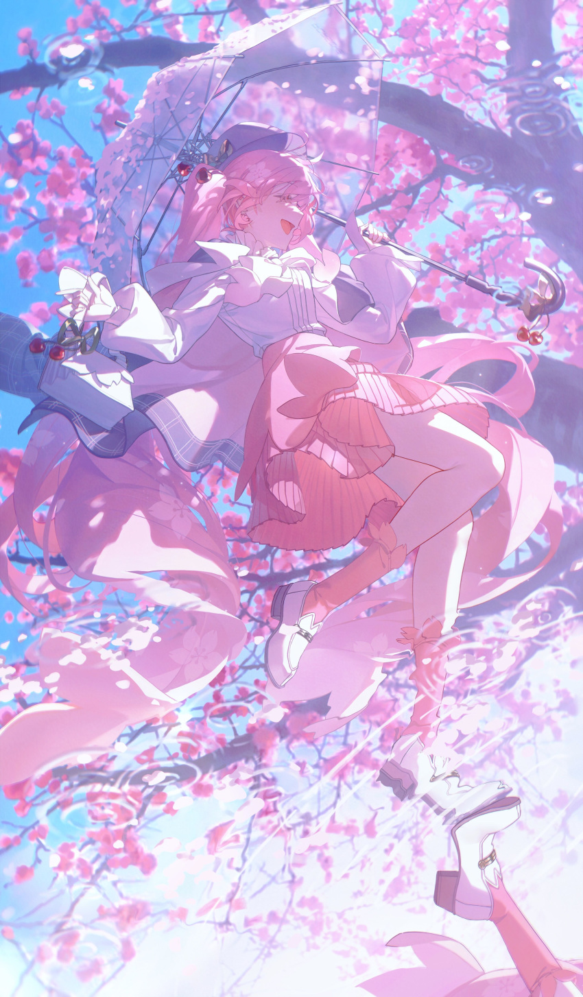 1girl :d absurdres bow branch breasts cherry_blossoms closed_eyes flower full_body hatsune_miku highres holding holding_umbrella konya_karasue long_hair long_sleeves medium_breasts pink_flower pink_hair pink_skirt pink_socks pleated_skirt puffy_long_sleeves puffy_sleeves sakura_miku sakura_miku_(rella) shirt skirt smile socks solo tree twintails umbrella very_long_hair vocaloid white_bow white_footwear white_shirt