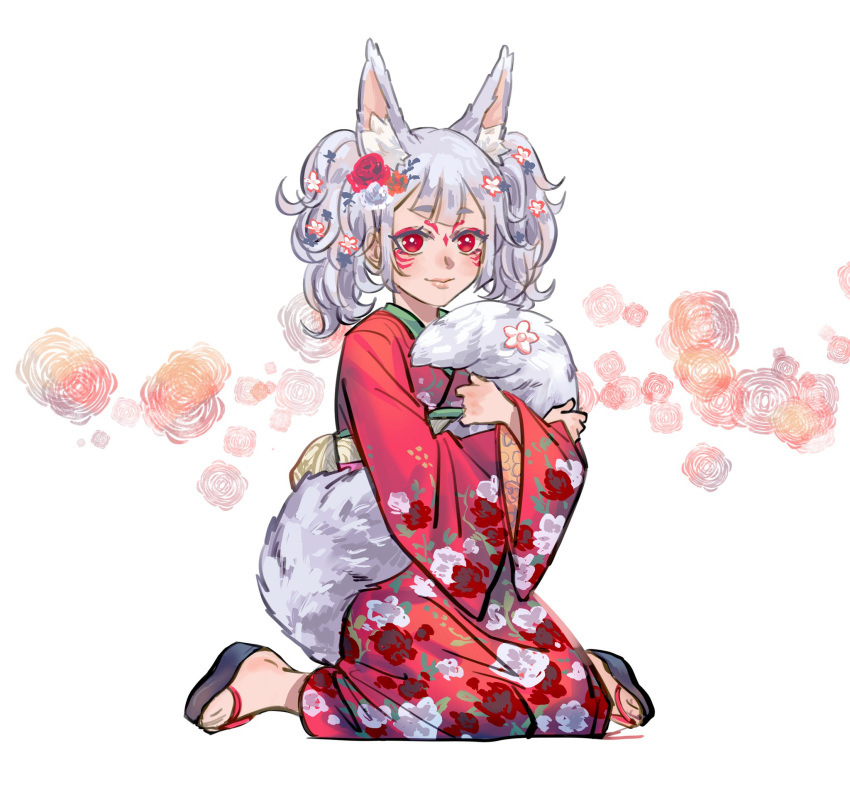 1girl aged_down animal_ear_fluff animal_ears barefoot_sandals english_commentary eyeshadow flower fox_ears fox_girl gift_art hair_behind_ear hair_flower hair_ornament highres hugging_own_tail japanese_clothes kimono looking_at_viewer makeup nijisanji nijisanji_en nina_kosaka premium_honey red_eyes red_eyeshadow red_flower red_kimono rose sandals sitting smile solo tail tail_flower tail_ornament twintails virtual_youtuber white_background white_flower