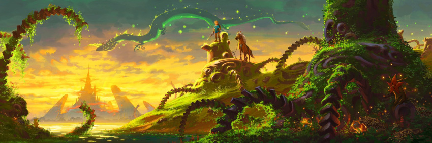 1boy animal blonde_hair cloud cloudy_sky commentary devin_elle_kurtz dragon eastern_dragon english_commentary epona evening farosh full_body highres holding holding_sword holding_weapon horse korok link looking_afar male_focus plant scenery shield shield_on_back sky sword the_legend_of_zelda the_legend_of_zelda:_breath_of_the_wild water weapon