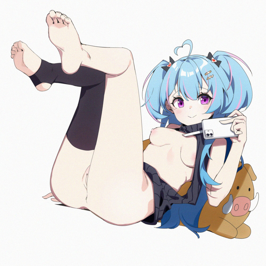1girl ahoge barefoot black_sweater black_thighhighs blue_hair bottomless bow breasts cellphone feet film_grain frontless_outfit grey_background hair_between_eyes hair_bow hair_ornament hairclip hand_up heart heart_ahoge highres holding inseki11 large_areolae leaning_back legs legs_up long_hair looking_at_viewer medium_breasts meme_attire multicolored_hair no_shoes phone pink_hair project-sp purple_eyes pussy ribbed_sweater seki_(project-sp) single_thighhigh sleeveless smartphone smile soles solo stirrup_legwear streaked_hair stuffed_boar sweater thighhighs toeless_legwear toenails toes two_side_up uncensored