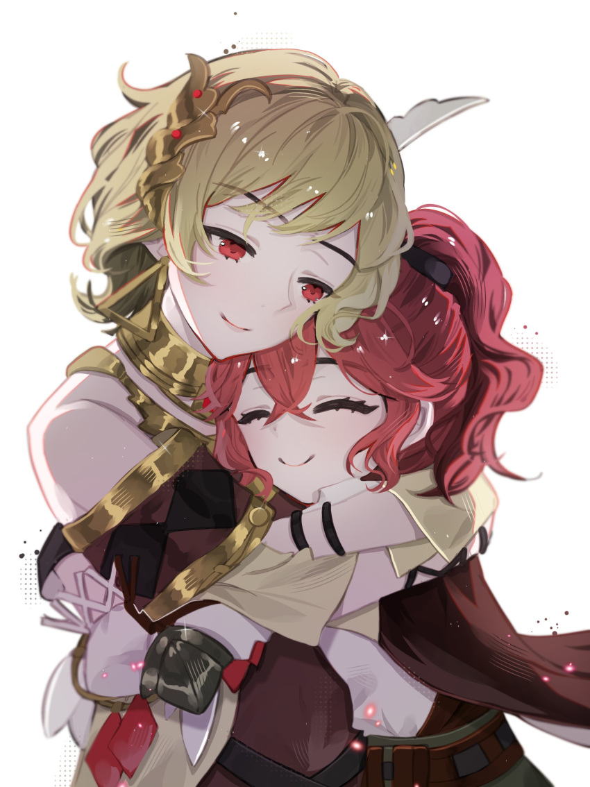 2girls absurdres anna_(fire_emblem) bare_shoulders blonde_hair citrinne_(fire_emblem) closed_eyes crossed_bangs fire_emblem fire_emblem_engage gold_trim hair_tie high_ponytail highres hug looking_at_another mariirasuto7 multiple_girls red_eyes red_hair short_hair smile white_background wing_hair_ornament