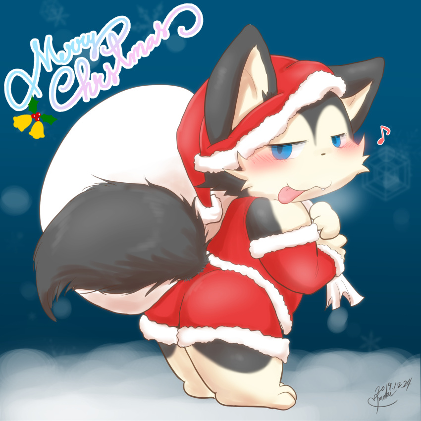 age_difference anthro blue_eyes canid canine canis christmas clothing costume digital_drawing_(artwork) digital_media_(artwork) digital_painting_(artwork) domestic_dog fur hi_res holidays lux_(namoke) male mammal namoke santa_claus santa_costume solo tail text young younger_male