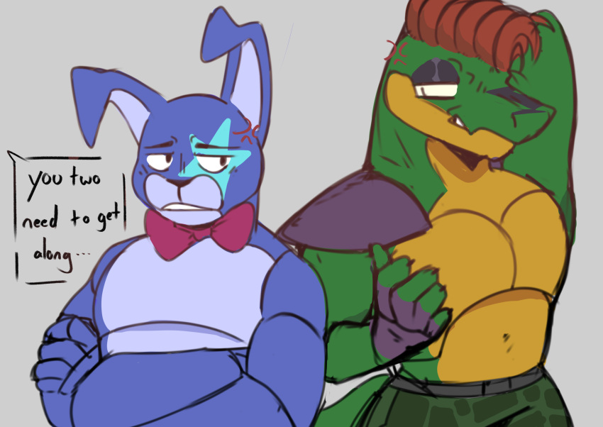 2023 alligator alligatorid annoyed annoyed_expression anthro bow_tie colored crocodilian cross-popping_vein crossed_arms dialogue digital_media_(artwork) duo english_text five_nights_at_freddy's five_nights_at_freddy's:_security_breach glamrock_bonnie_(fnaf) green_body hair hi_res knightferret lagomorph leporid male mammal markings montgomery_gator_(fnaf) purple_body rabbit raised_arm red_hair reptile scalie scottgames shirtless shoulder_pads star_(marking) steel_wool_studios text