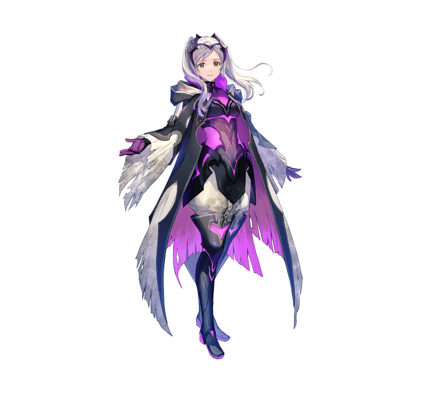 1girl bodysuit bodysuit_under_clothes boots fire_emblem fire_emblem_awakening fire_emblem_heroes full_body gloves glowing_bodysuit highres hood long_hair looking_at_viewer official_alternate_costume official_art pants pants_tucked_in puffy_pants robe robin_(female)_(fire_emblem) robin_(fire_emblem) simple_background smile solo thigh_boots twintails white_hair