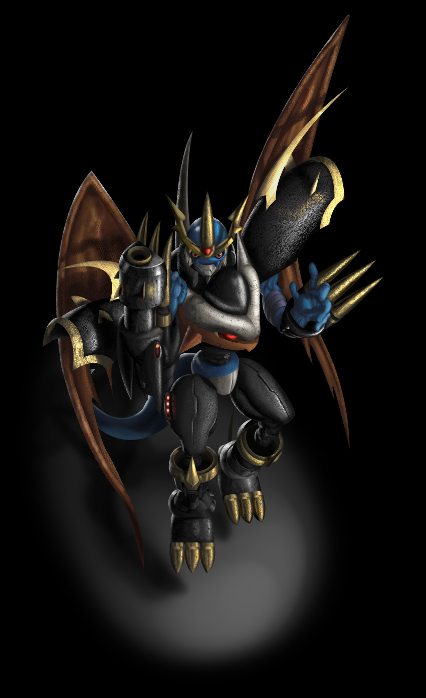 2012 absurd_res ambiguous_gender anthro armor bandai_namco big_claws black_background blue_body blue_scales breastplate cannon claws colored digimon digimon_(species) dragon_wings gauntlets_(weapon) gem headgear helmet hi_res imperialdramon mearns orange_eyes pauldron ranged_weapon red_wings scales scalie shaded simple_background small_waist solo spikes spotlight weapon wings