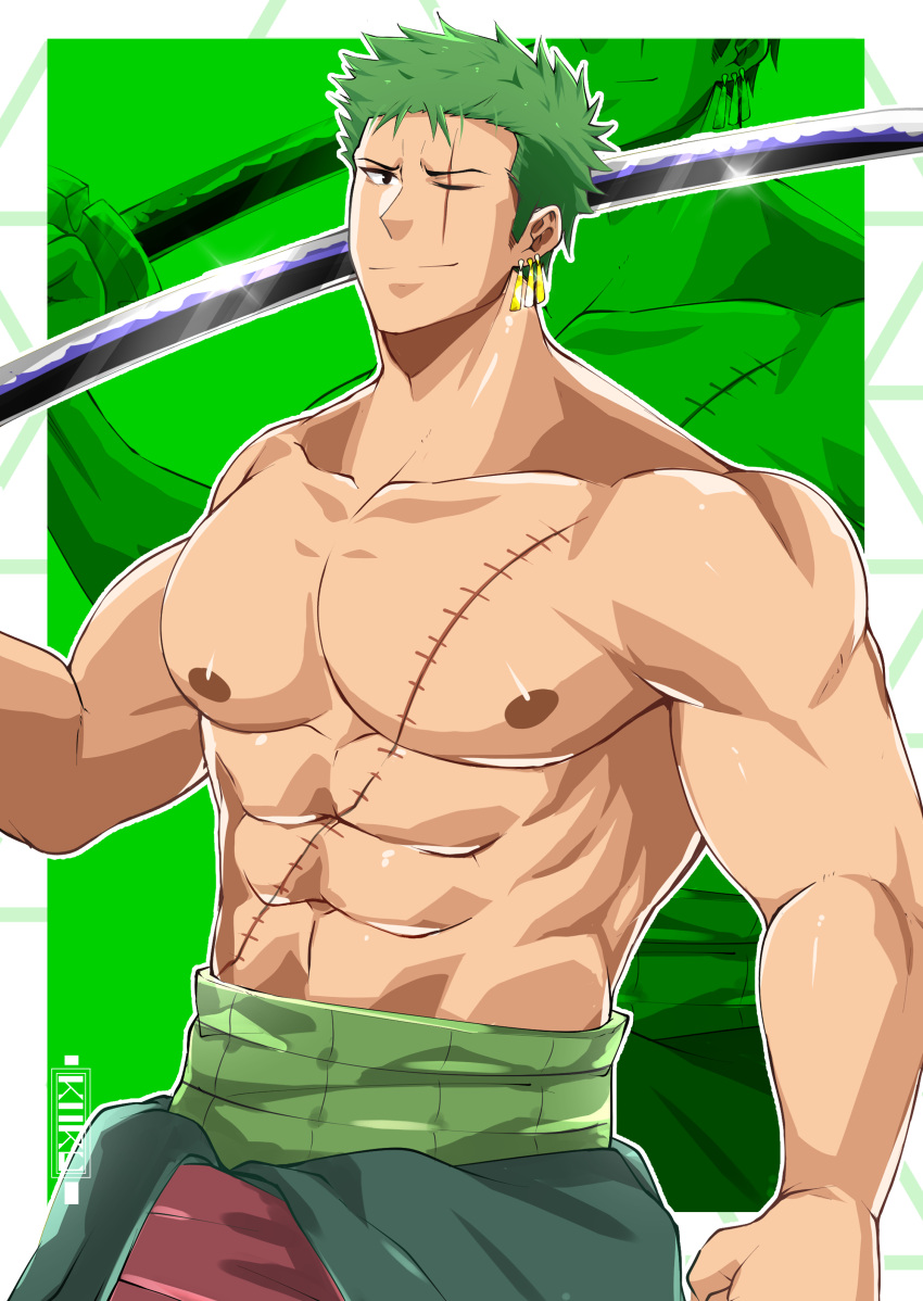 1boy abs absurdres artist_name bara belt biceps earrings green_eyes green_hair highres holding holding_sword holding_weapon jewelry katana kiazu114 large_pectorals male_focus manly mature_male muscular muscular_male nipples one_piece over_shoulder pectorals roronoa_zoro scar scar_on_chest short_hair signature skirt solo spiked_hair stud_earrings sword topless_male weapon weapon_over_shoulder