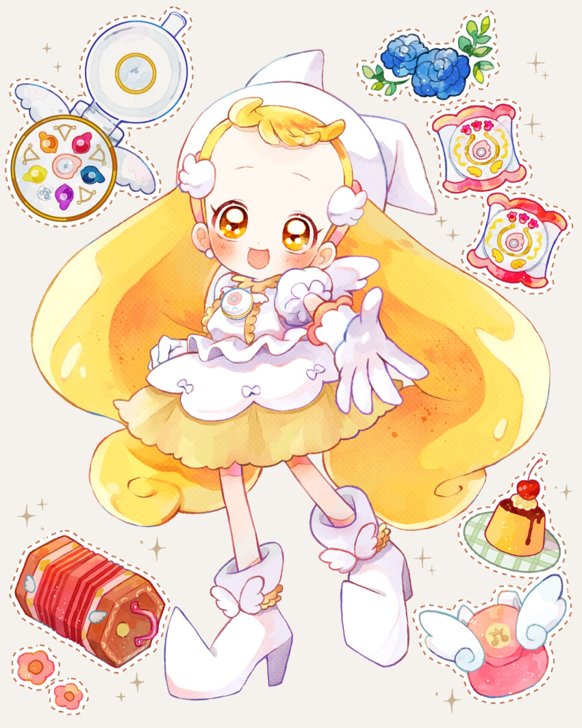 1girl :d blonde_hair blush boots dress earrings flower food full_body gloves hat highres jewelry long_hair looking_at_viewer magical_girl makihatayama_hana momiji_(lucario) ojamajo_doremi open_mouth pudding reaching_towards_viewer smile solo standing twintails very_long_hair white_dress white_footwear white_gloves witch_hat yellow_eyes