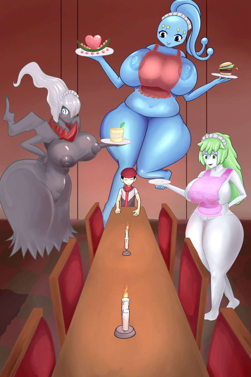 5_fingers 5_toes absurd_res apron apron_only areola big_breasts big_butt black_body blue_body blush breasts butt candle chair clothing darkrai feet female fingers food furniture generation_4_pokemon group hand_behind_back headgear headwear hi_res huge_breasts human humanoid land_forme_shaymin legendary_pokemon lucas_(pokemon) male mammal manaphy nintendo nipples plate pokemon pokemon_(species) shaymin slightly_chubby surusketch table thick_thighs toes white_body